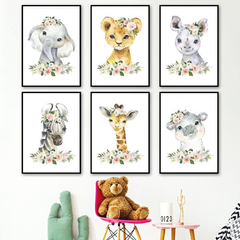 Baby Nursery Decor Girl - 꽃무늬 정글 동물 캔버스 프린트 보육원