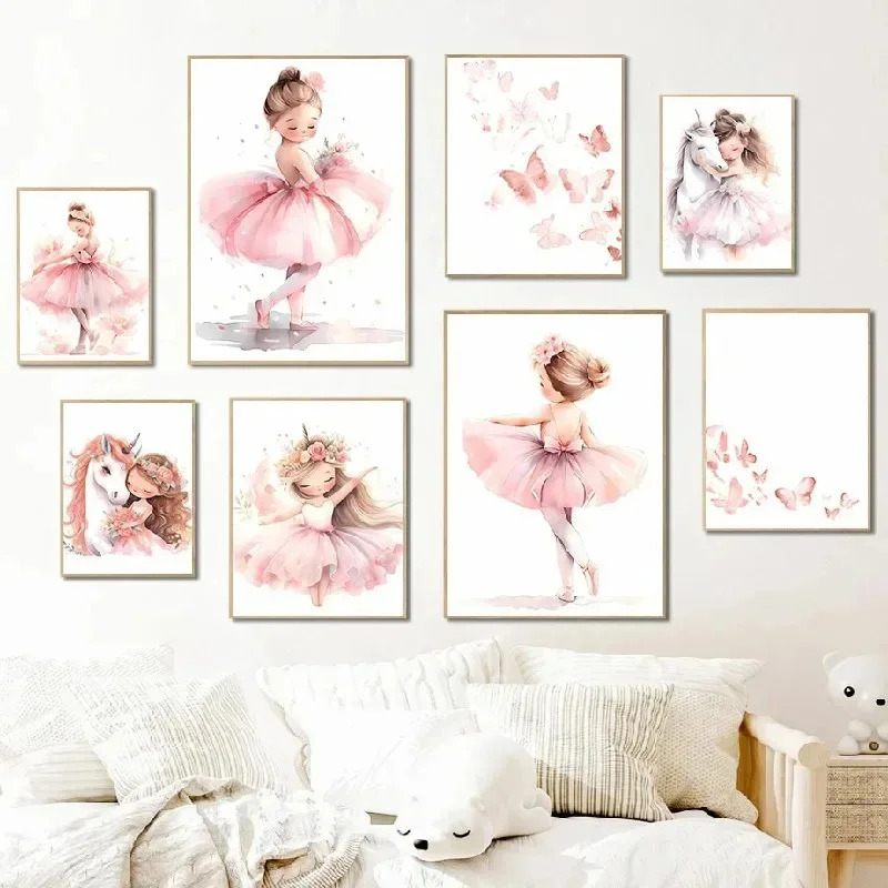 Baby Nursery Decor Girl - 핑크 발레리나 소녀 유니콘 나비 포스터
