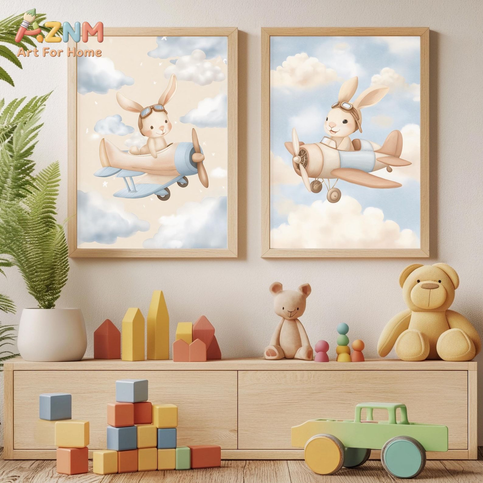 Baby Nursery Animal Theme - 토끼 비행기 벽 장식 세트 2개,
