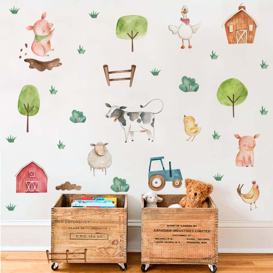 Baby Nursery Wall Stickers - Boho 수채화 귀여운 농장 동물 돼지