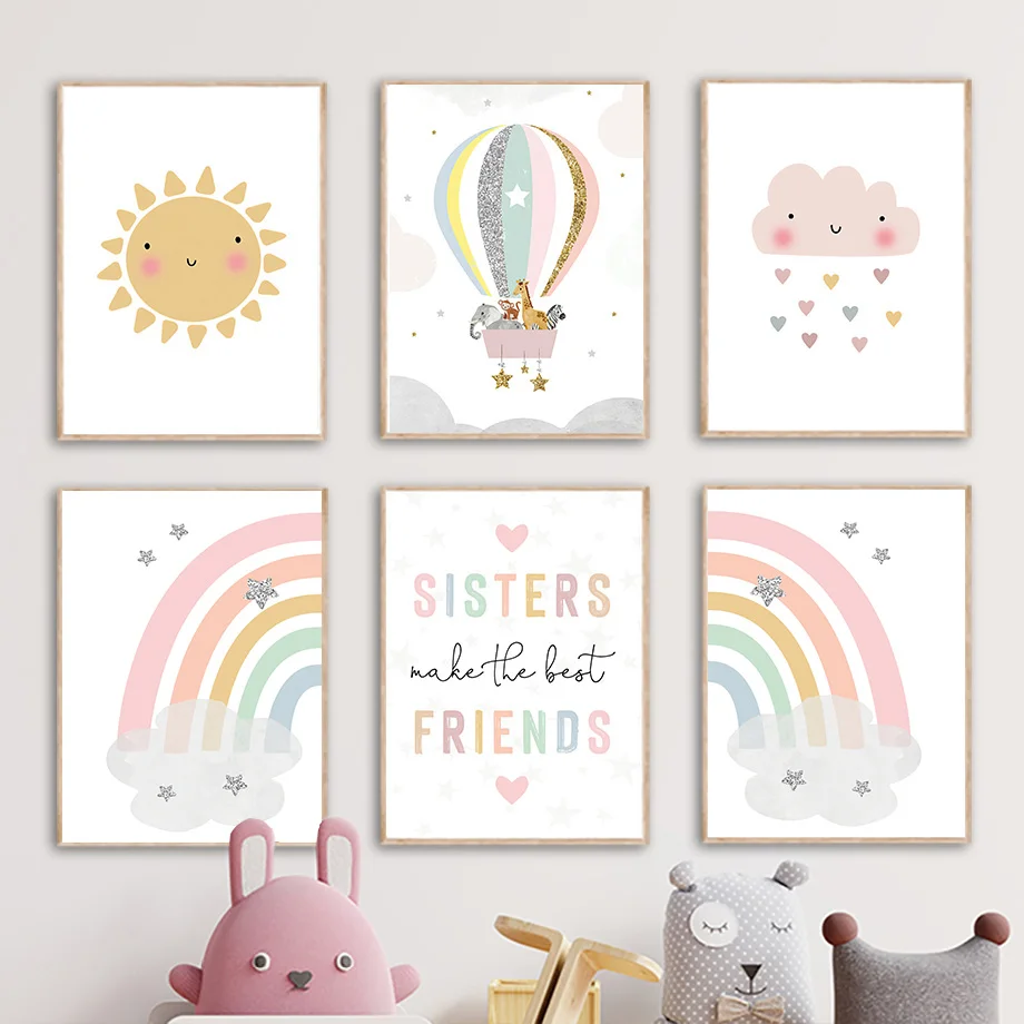 Baby Nursery Decor Girl - 기린 코끼리 열기구 태양 무지개 보육원