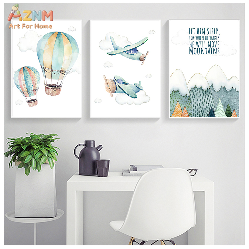 Baby Boy Nursery Quotes - AZNM 수채화 비행기 열기구 캔버스 벽
