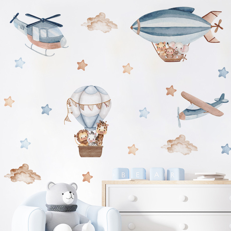 Baby Nursery Wall Stickers - 수채화 동물 뜨거운 공기 풍선 구름