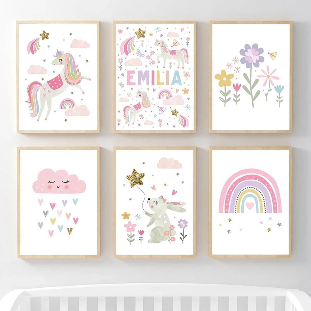 Baby Nursery Decor Girl - 핑크 유니콘 토끼 무지개 구름 꽃