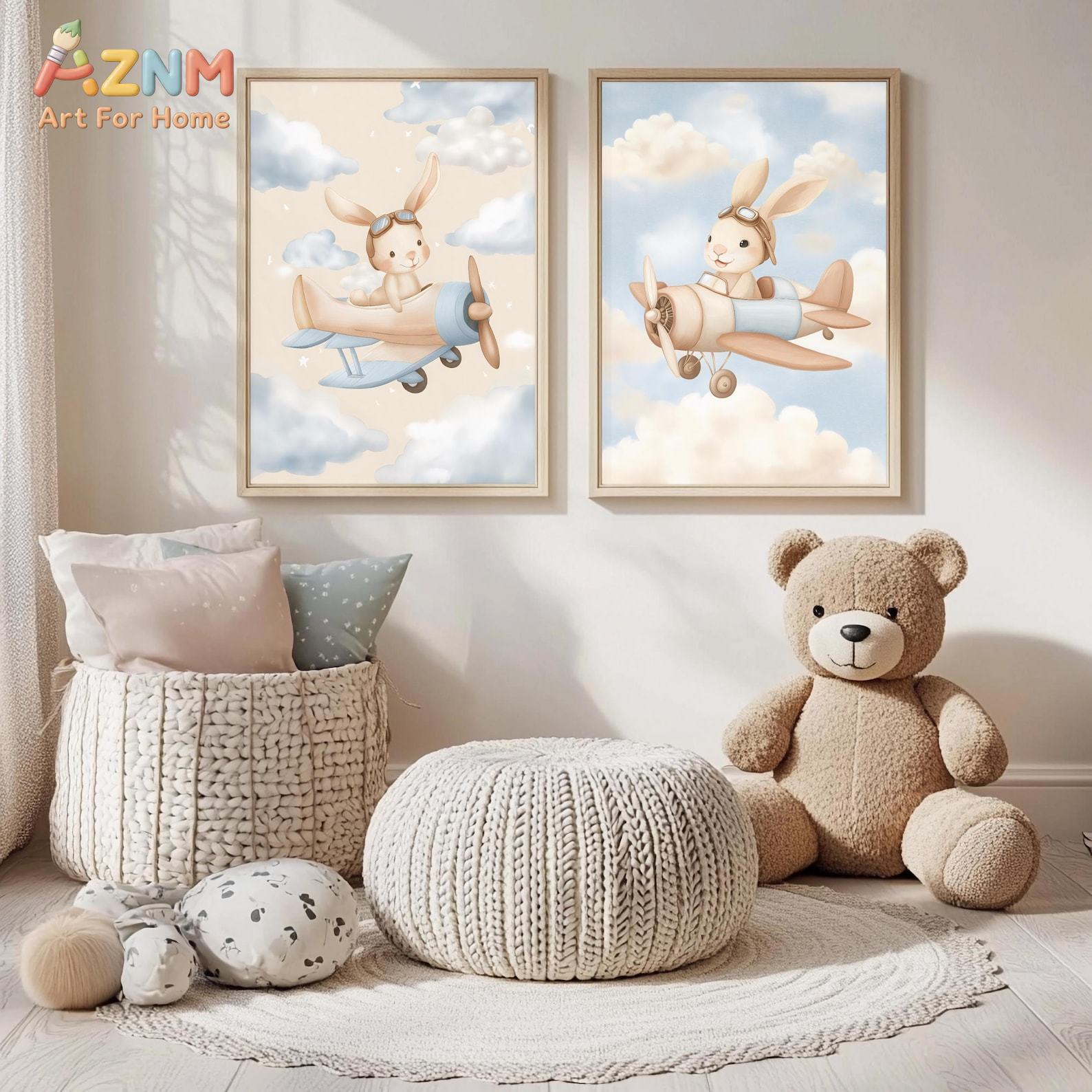 토끼 비행기 벽 장식 세트 2개, 귀여운 보육실 프린트 - Baby Nursery Animal Theme 리뷰 및 가격
