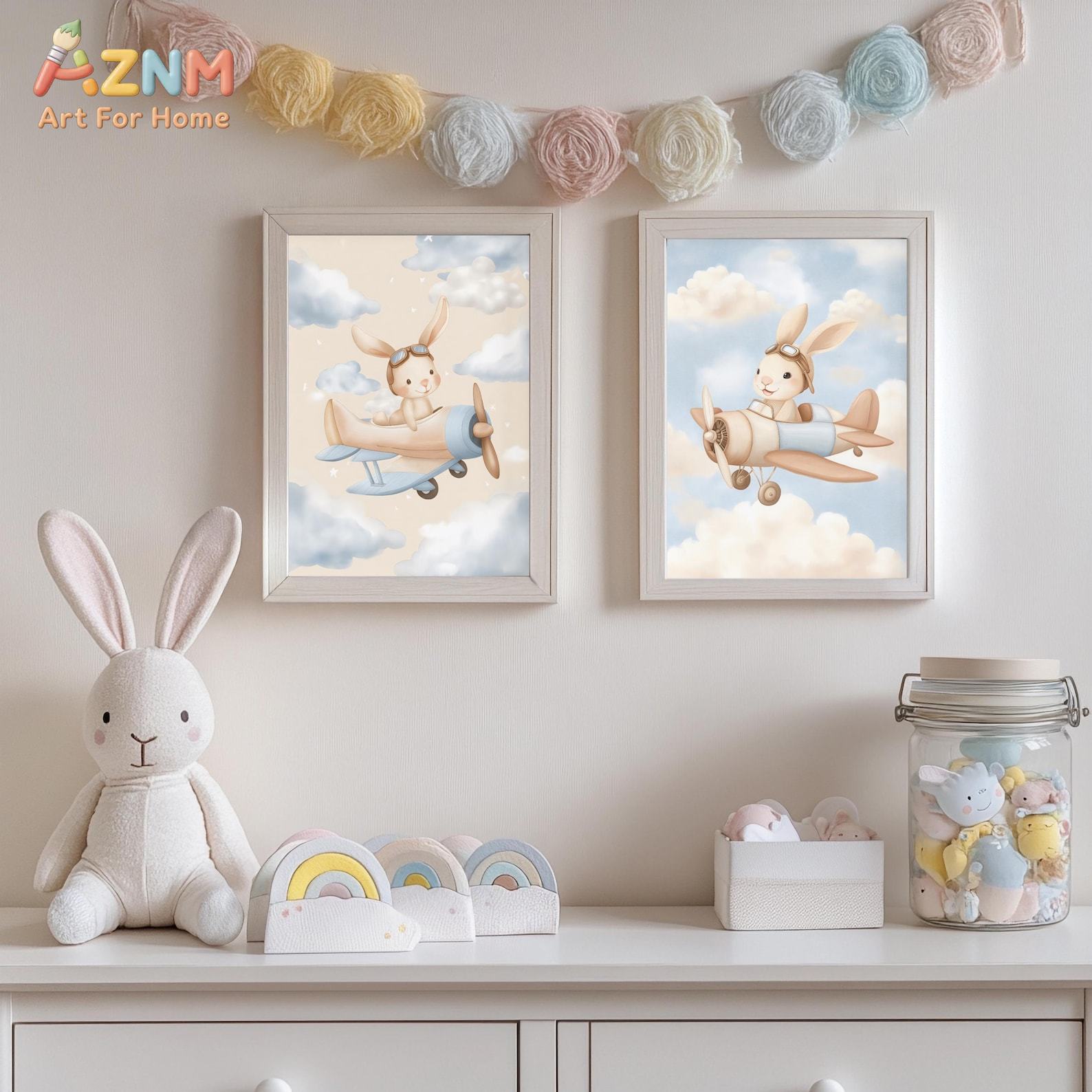 토끼 비행기 벽 장식 세트 2개, 귀여운 보육실 프린트 - Baby Nursery Animal Theme 리뷰 및 가격