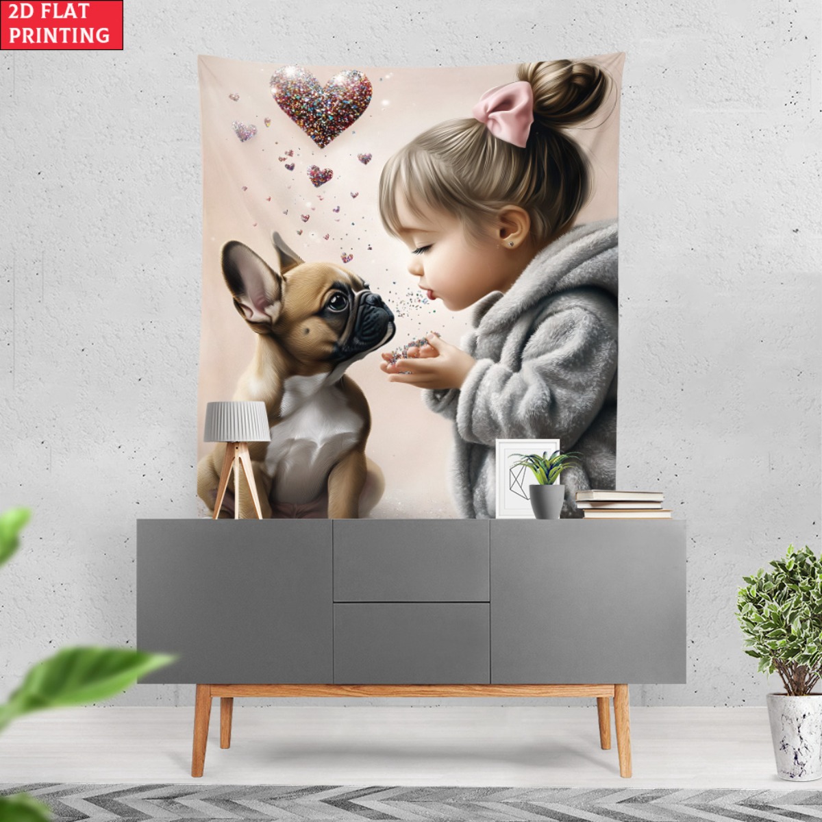 프렌치 불독 강아지를 가진 소녀 하트 사랑 태피스트리  - Baby Nursery Decor Girl 리뷰 및 가격
