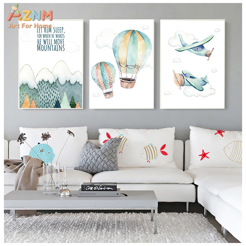 AZNM 수채화 비행기 열기구 캔버스 벽 예술, 산 영 - Baby Boy Nursery Quotes 리뷰 및 가격