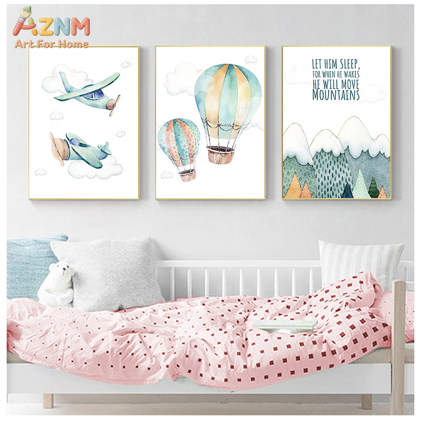 AZNM 수채화 비행기 열기구 캔버스 벽 예술, 산 영 - Baby Boy Nursery Quotes 리뷰 및 가격