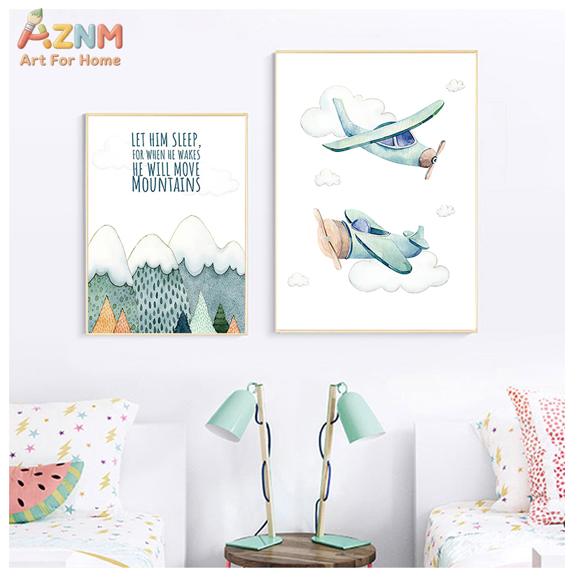 AZNM 수채화 비행기 열기구 캔버스 벽 예술, 산 영 - Baby Boy Nursery Quotes 리뷰 및 가격