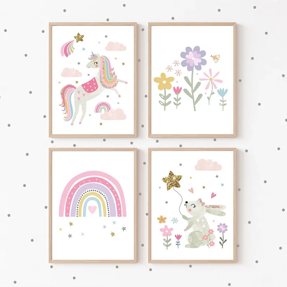 핑크 유니콘 토끼 무지개 구름 꽃 보육원 벽 예술 캔버 - Baby Nursery Decor Girl 리뷰 및 가격