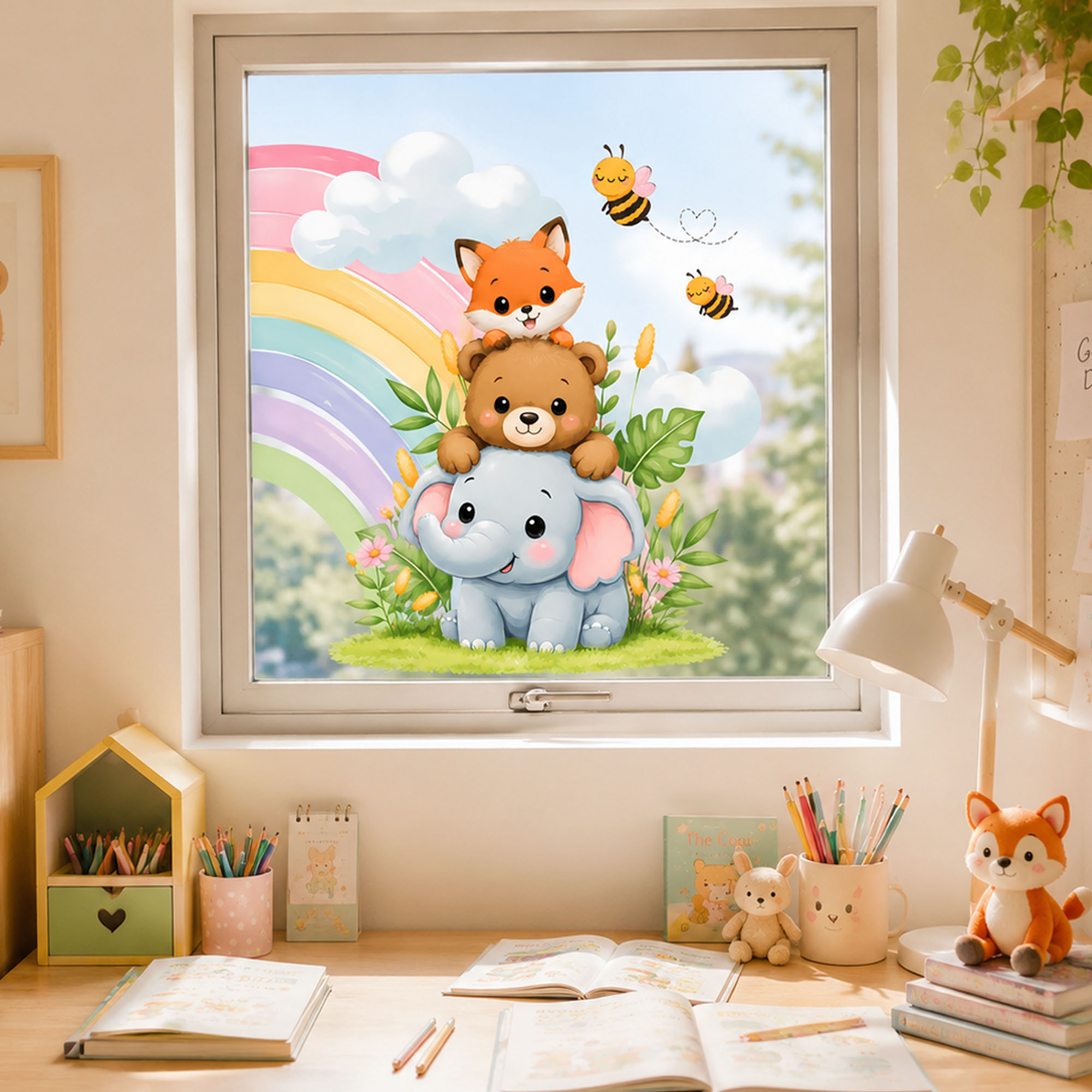 귀여운 코끼리 곰 여우 윈도우 필름 스태킹 동물 무지개 - Baby Nursery Wall Stickers 리뷰 및 가격