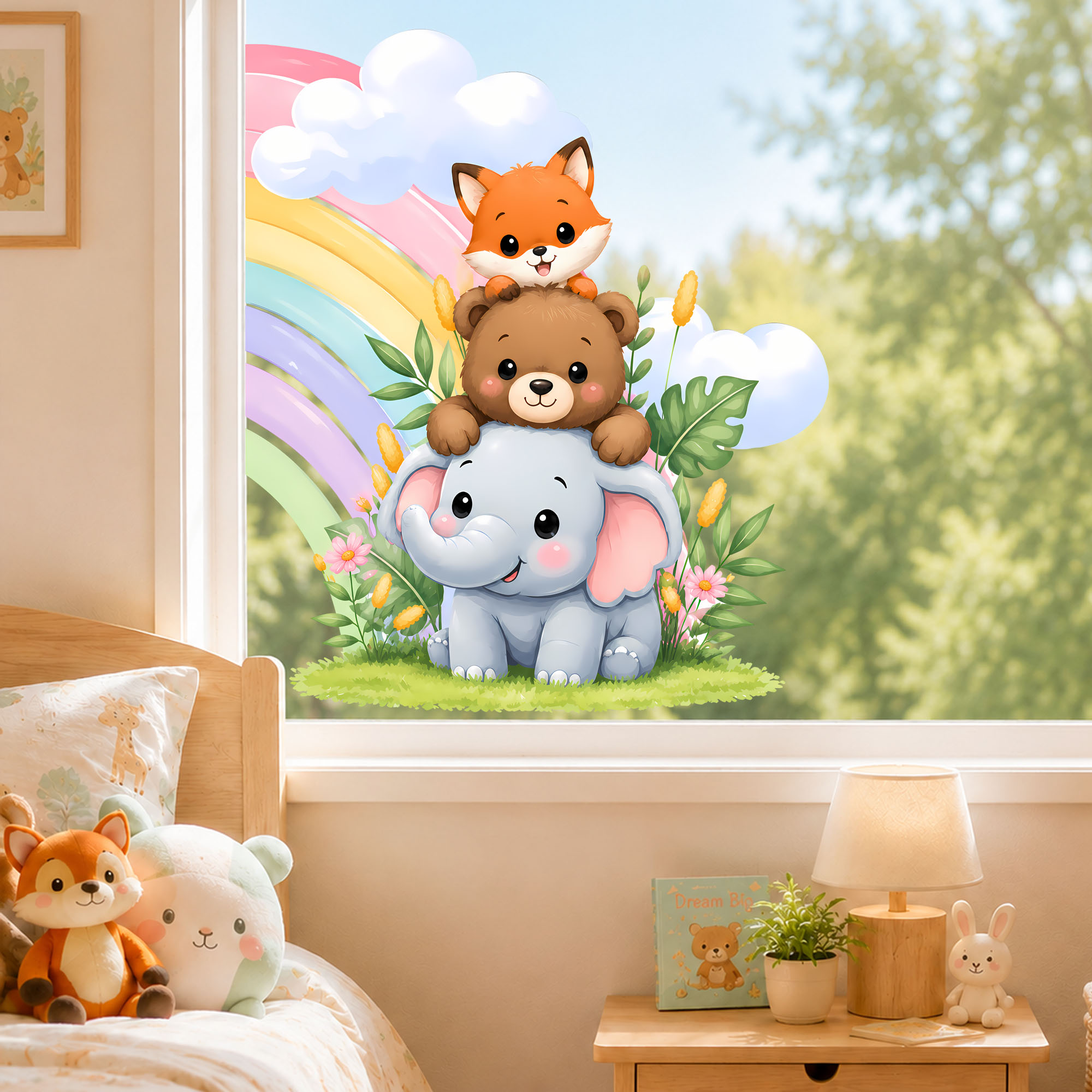 귀여운 코끼리 곰 여우 윈도우 필름 스태킹 동물 무지개 - Baby Nursery Wall Stickers 리뷰 및 가격