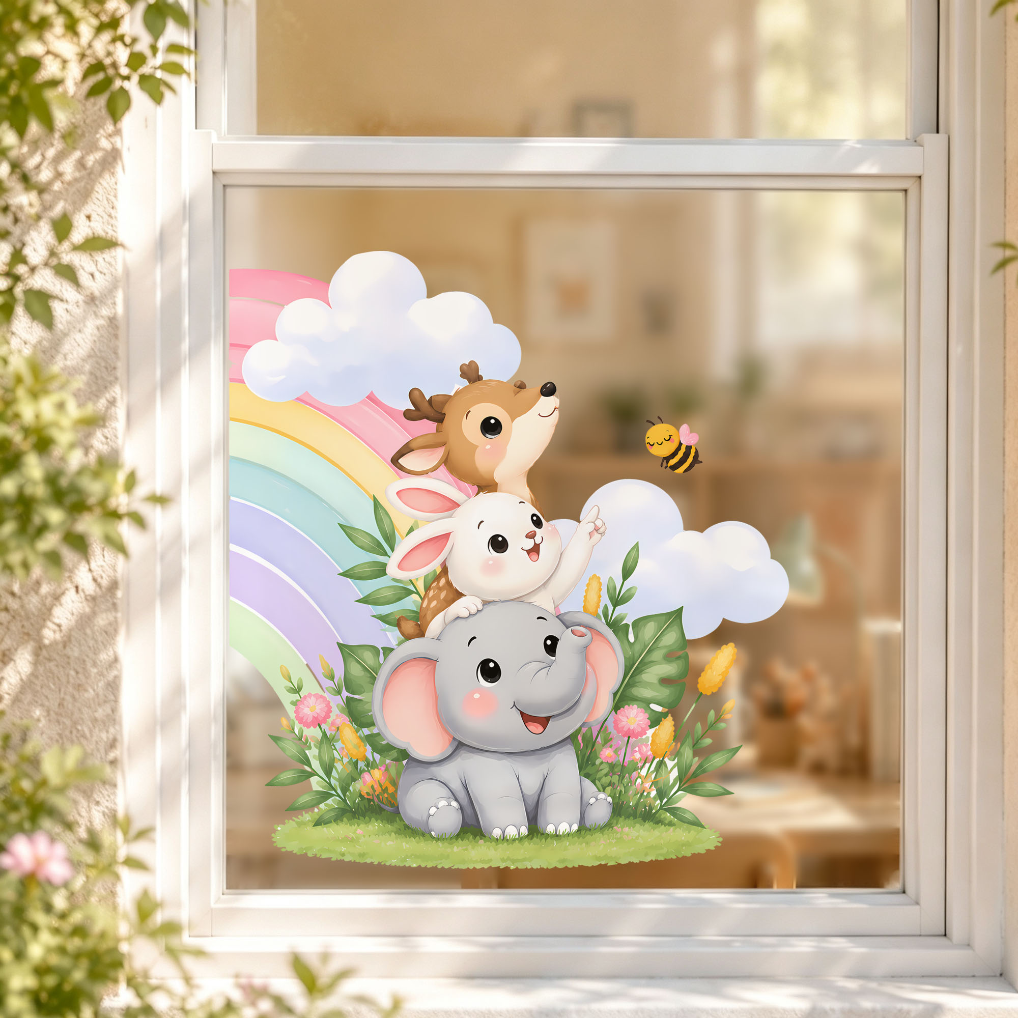 귀여운 코끼리 곰 여우 윈도우 필름 스태킹 동물 무지개 - Baby Nursery Wall Stickers 리뷰 및 가격