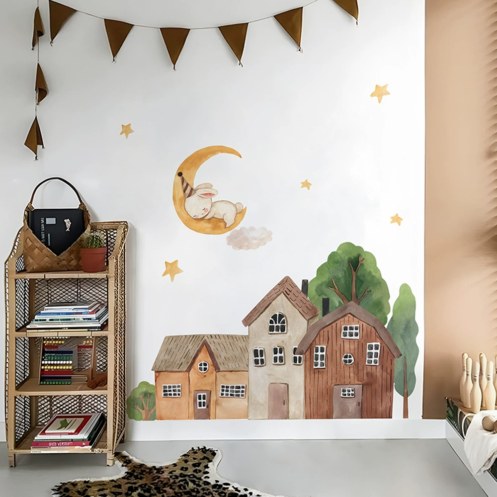 패브릭 만화 숲 빈티지 타운 벽 PVC 문 토끼 스티커 - Baby Nursery Wall Stickers 리뷰 및 가격