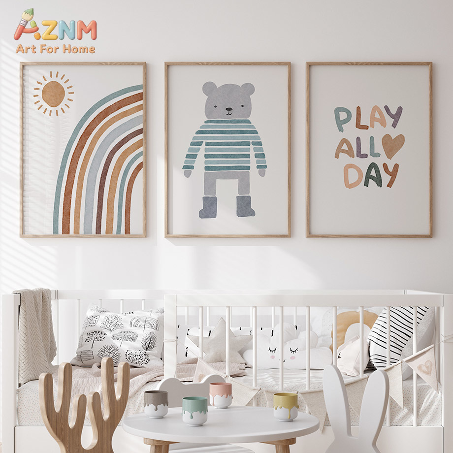 AZNM 중립적 보헤미안 레인보우 베어 자동차 캔버스  - Baby Boy Nursery Quotes 리뷰 및 가격